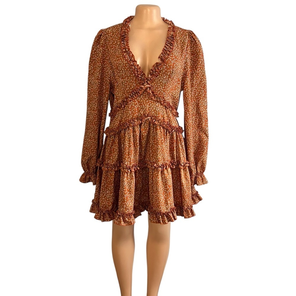 Lulu's Rust Floral Long Sleeve Ruffle Skater Dress - Picture 3 of 9